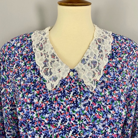 Vintage 80’s Blue Multi-Print Pleated Peplum Button-Up Blouse with Lace Collar - Picture 5 of 13